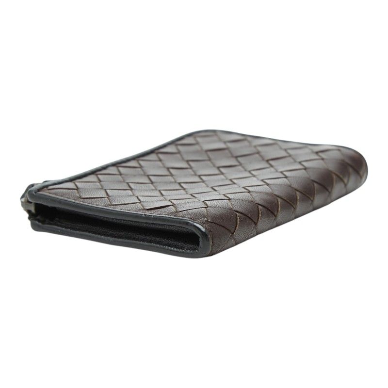 Bottega Veneta Intrecciato L-shaped Zipper Coin Purse Brown Leather