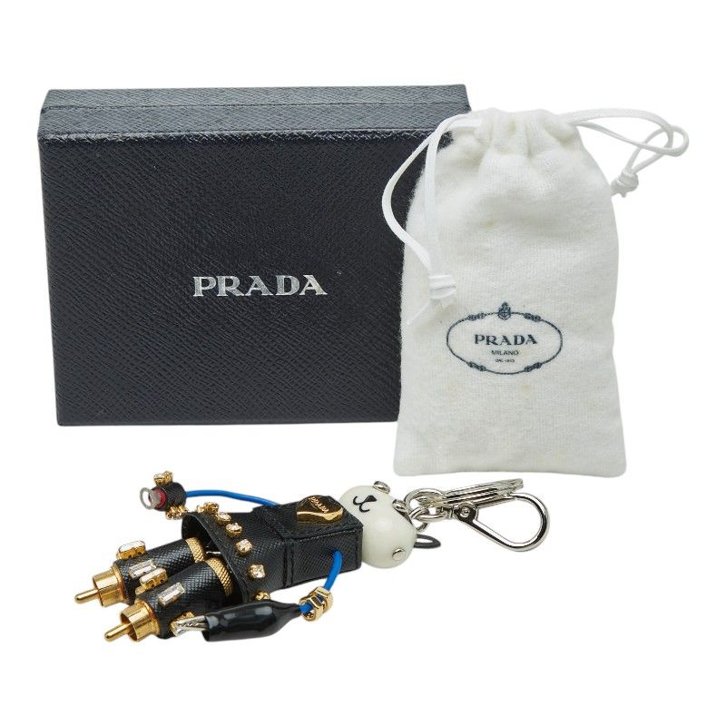 Prada Cat Robot Key Holder Black Leather Line Stone Plated