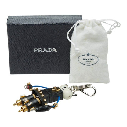 Prada Cat Robot Key Holder Black Leather Line Stone Plated