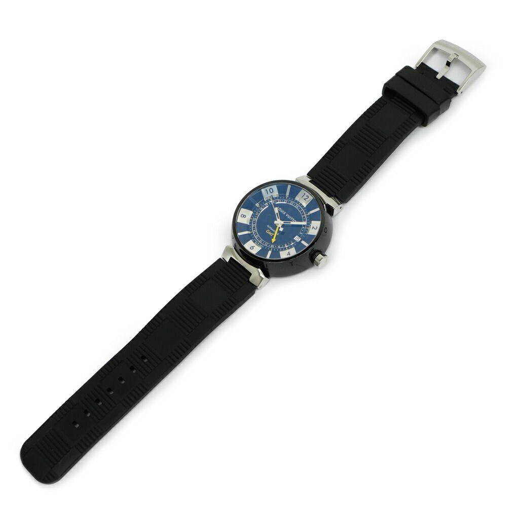 Louis Vuitton Tambour in Black GMT Dial Stainless Steel Rubber Quartz Watch