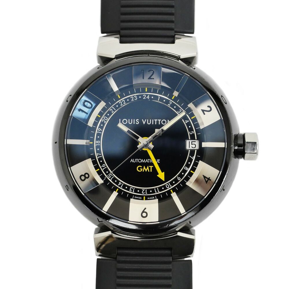 Louis Vuitton Tambour in Black GMT Dial Stainless Steel Rubber Quartz Watch