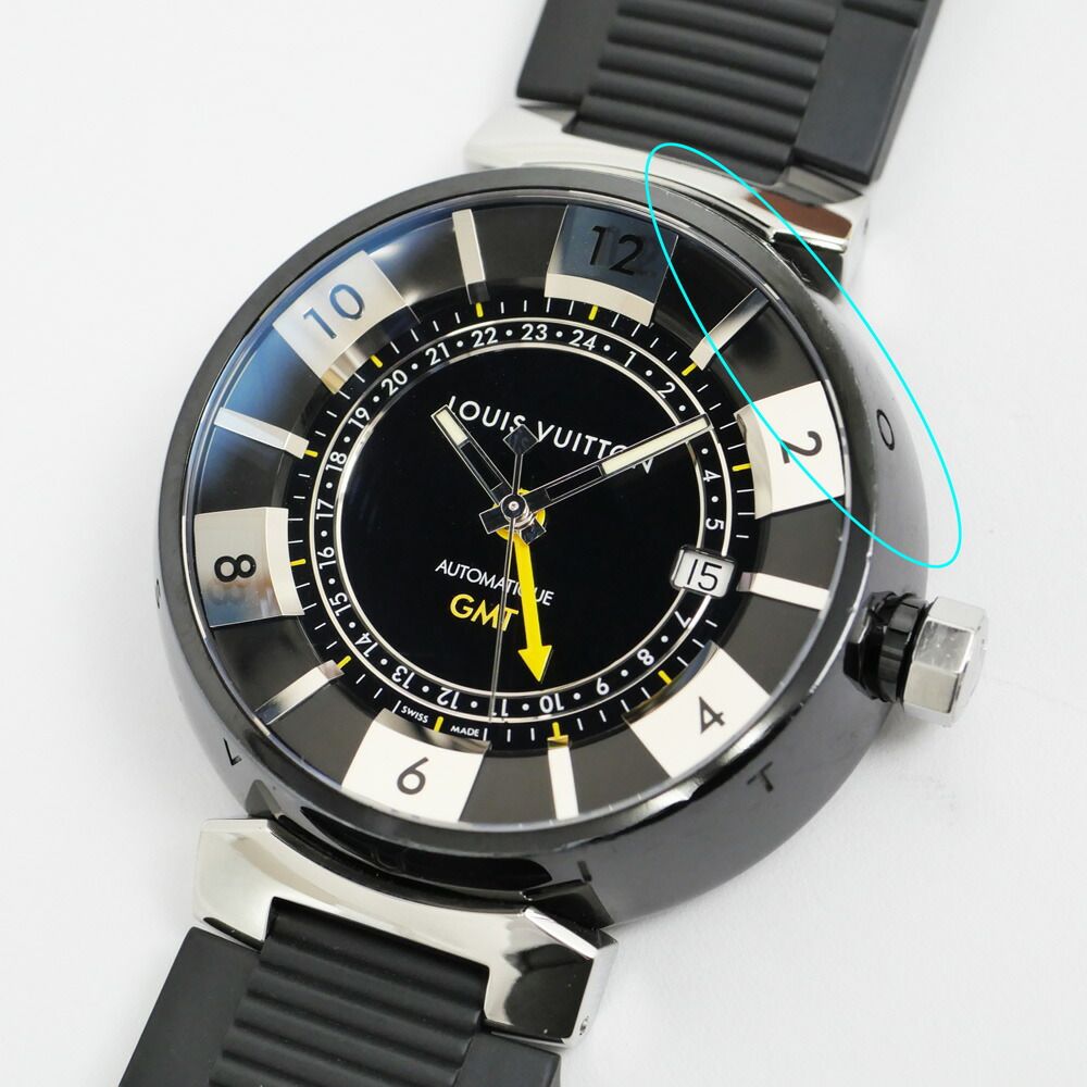 Louis Vuitton Tambour in Black GMT Dial Stainless Steel Rubber Quartz Watch
