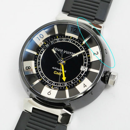 Louis Vuitton Tambour in Black GMT Dial Stainless Steel Rubber Quartz Watch