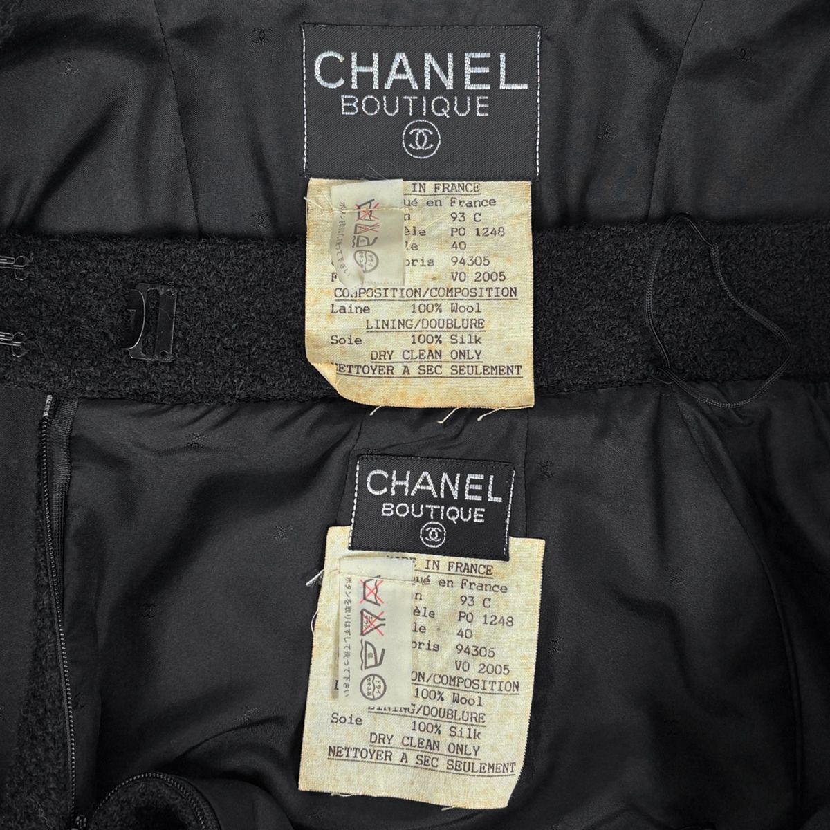 Chanel CC Logo Button Tweed Set 93c Skirt Suit Wool Black