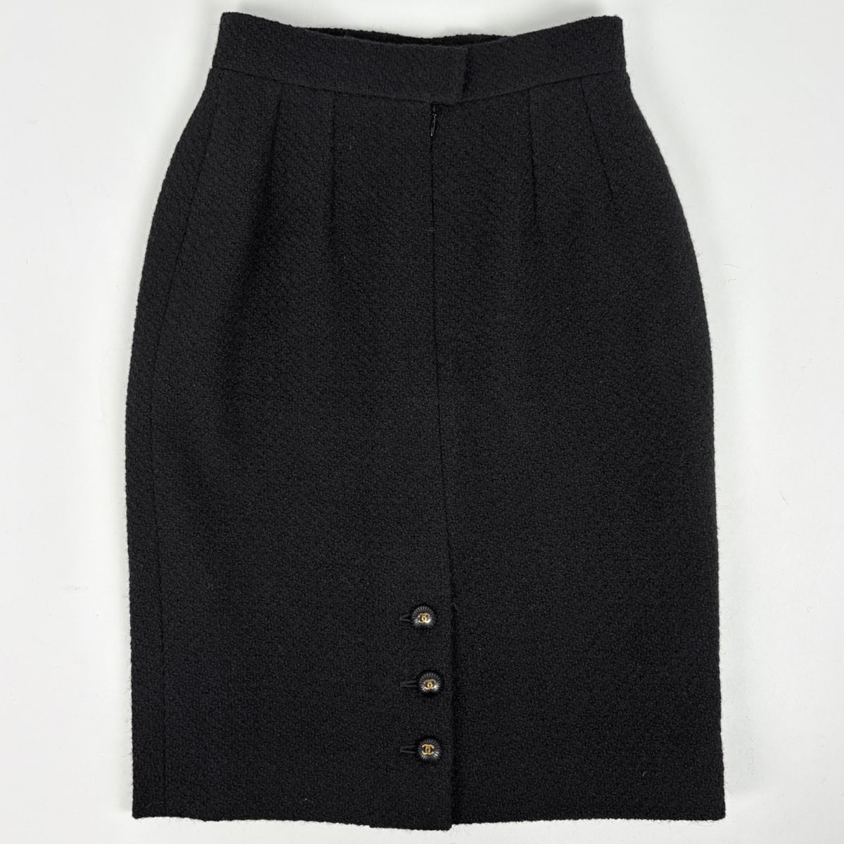 Chanel CC Logo Button Tweed Set 93c Skirt Suit Wool Black
