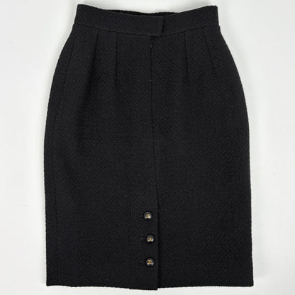 Chanel CC Logo Button Tweed Set 93c Skirt Suit Wool Black