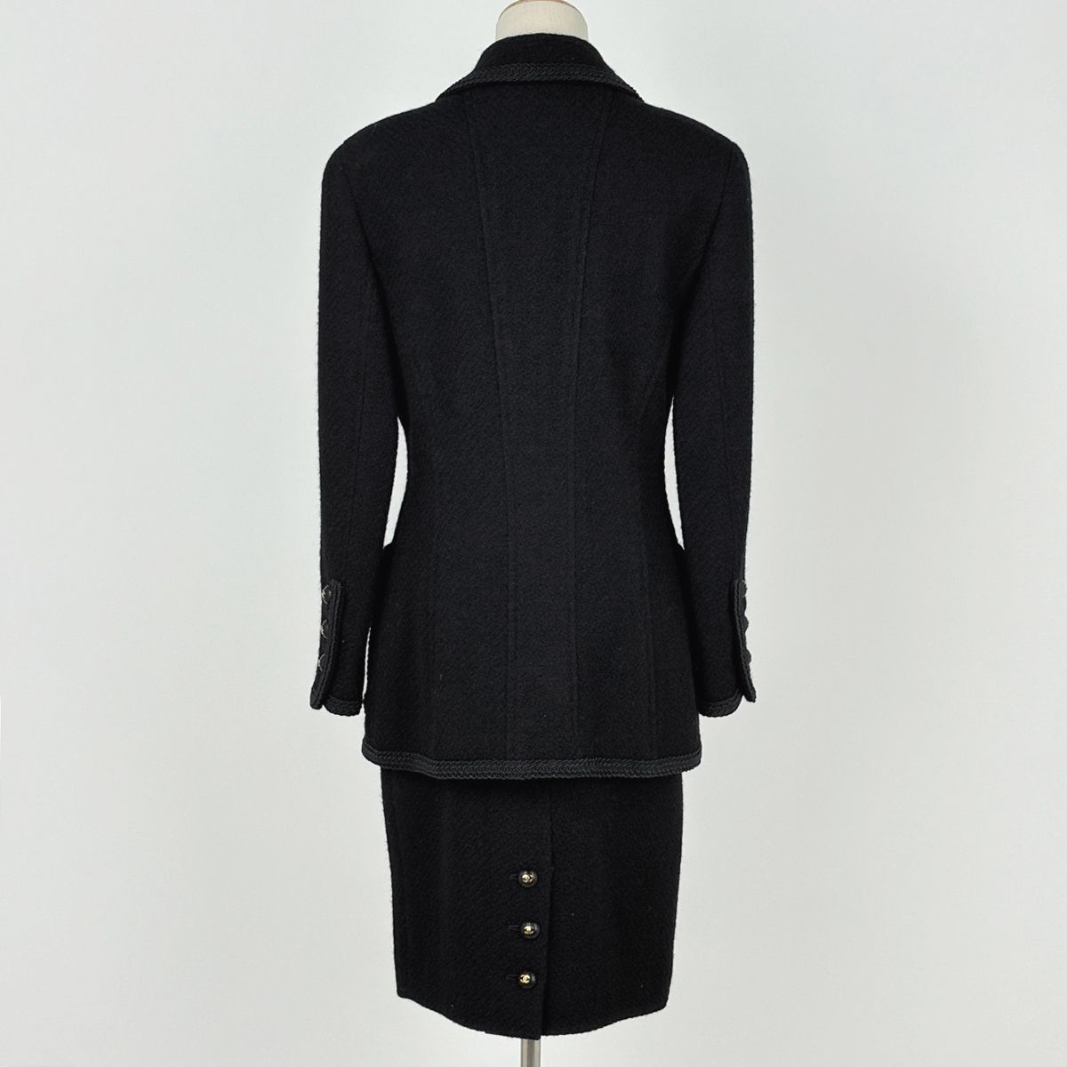 Chanel CC Logo Button Tweed Set 93c Skirt Suit Wool Black