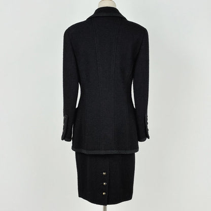 Chanel CC Logo Button Tweed Set 93c Skirt Suit Wool Black