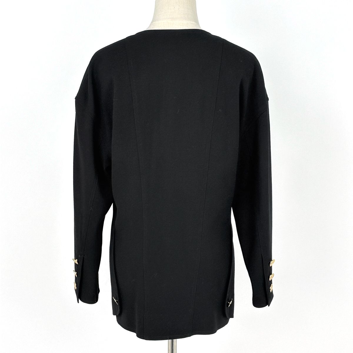 Chanel Collarless Jacket CC Logo Barley Button Wool Black