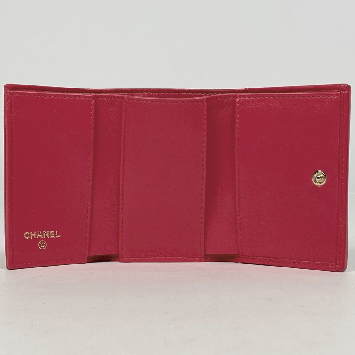 Chanel CC Logo Trifold Wallet Compact Quilted Enamel Leather Pink