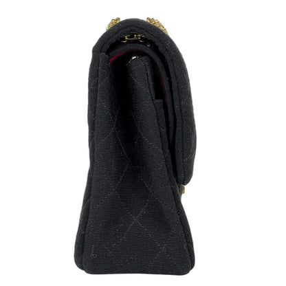 Chanel Quilted Double Flap Chain Shoulder Bag CC Logo Jersey Black