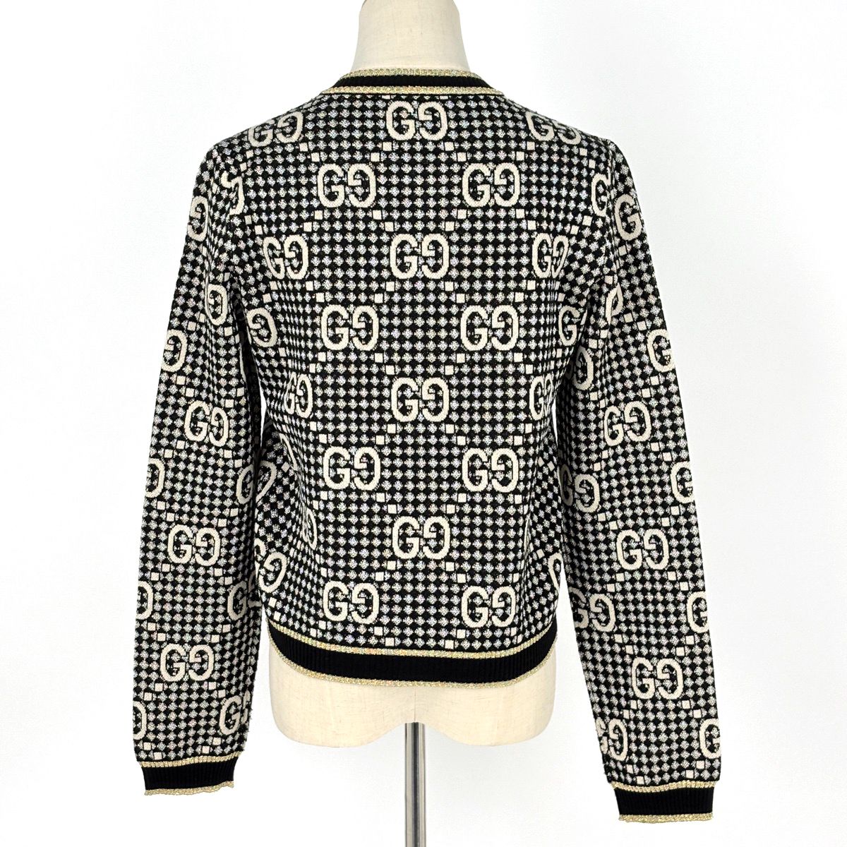 Gucci GG Pattern Cardigan Lame Top Wool Rayon Black Gold
