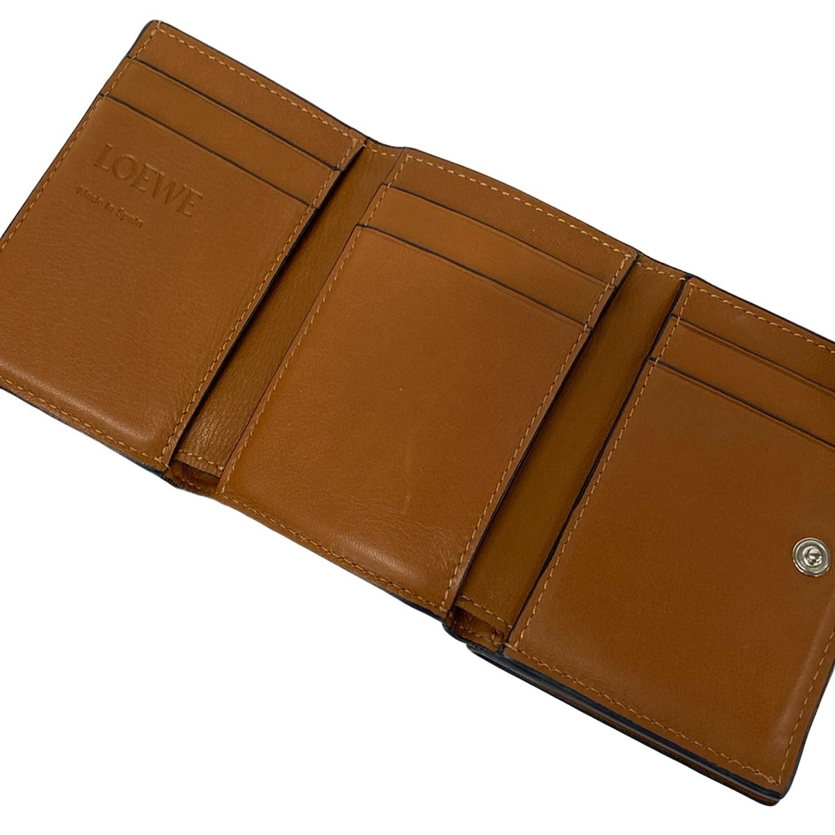 Loewe Trifold Wallet Anag Lambskin Gray Beige Brown Leather