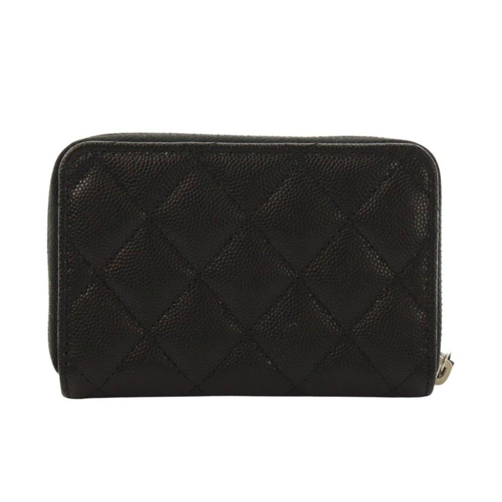 Chanel CC Logo Small Zip Wallet Gray Calfskin Caviar Quilted Black