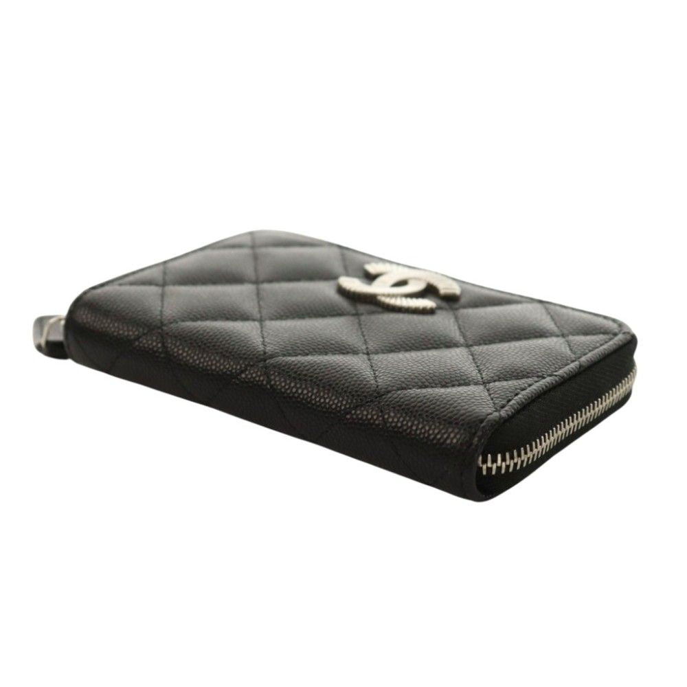 Chanel CC Logo Small Zip Wallet Gray Calfskin Caviar Quilted Black