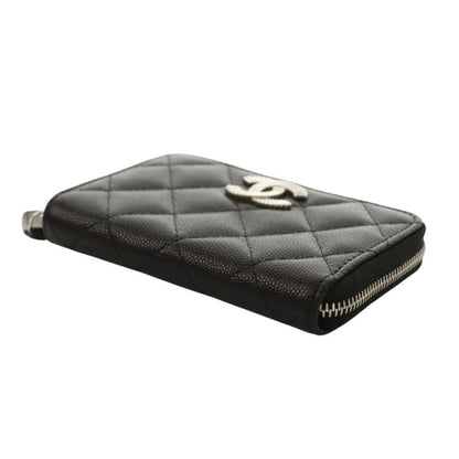 Chanel CC Logo Small Zip Wallet Gray Calfskin Caviar Quilted Black