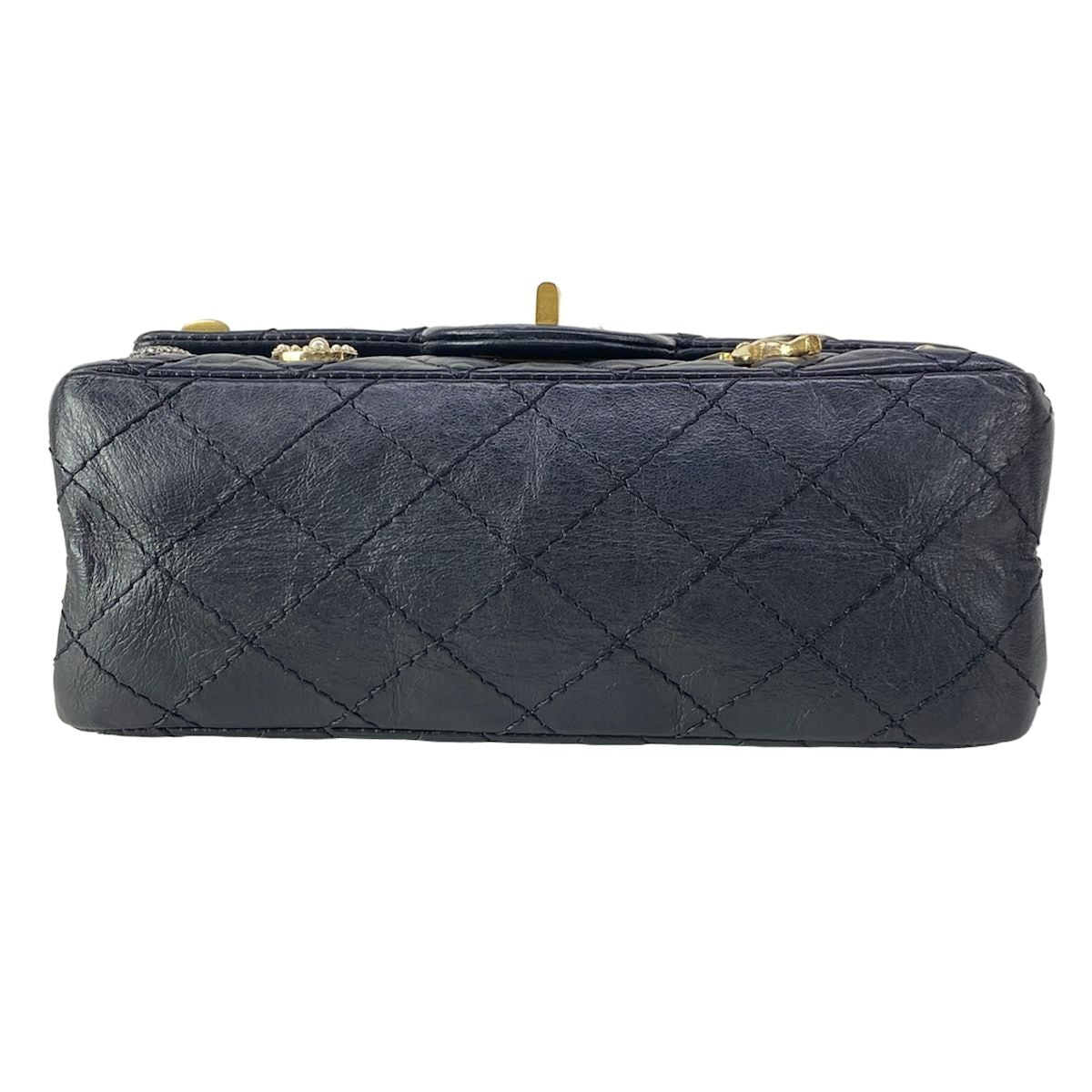 Chanel Shoulder Bag 2.55 Double Flap Quilted Icon Charm Black Gold Silver