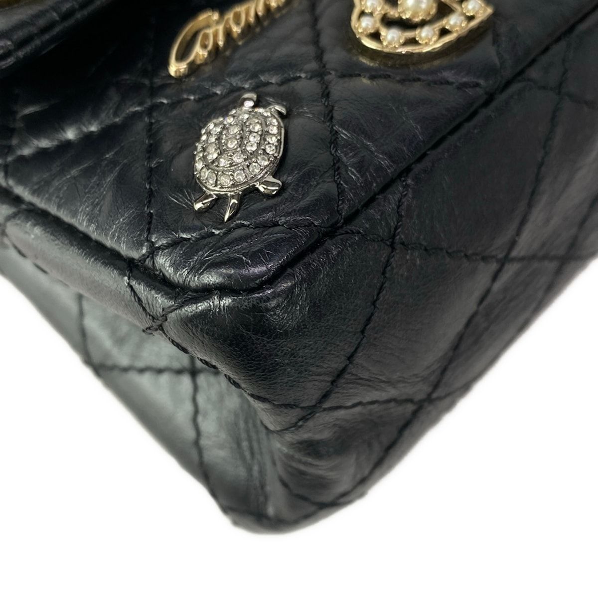 Chanel Shoulder Bag 2.55 Double Flap Quilted Icon Charm Black Gold Silver