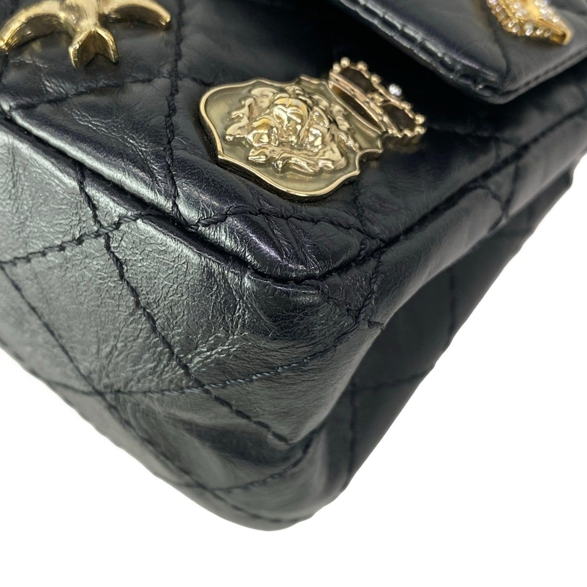 Chanel Shoulder Bag 2.55 Double Flap Quilted Icon Charm Black Gold Silver