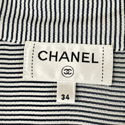 Chanel Short Sleeve Shirt Blouse 34 S White Dark Navy Silk