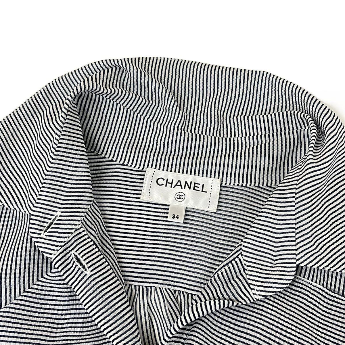 Chanel Short Sleeve Shirt Blouse 34 S White Dark Navy Silk