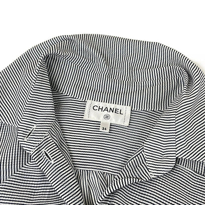 Chanel Short Sleeve Shirt Blouse 34 S White Dark Navy Silk