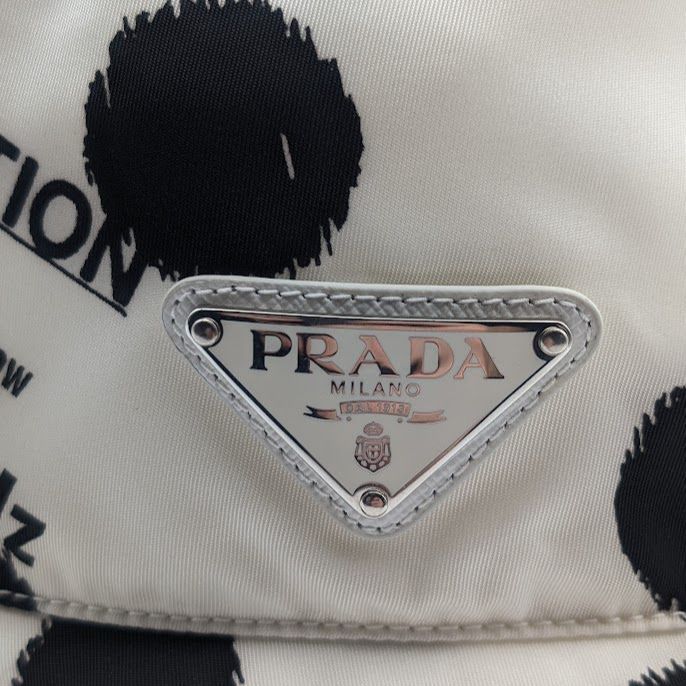 Prada Bucket Hat Nylon Triangle Logo Black White Dot Polka Dot Hat