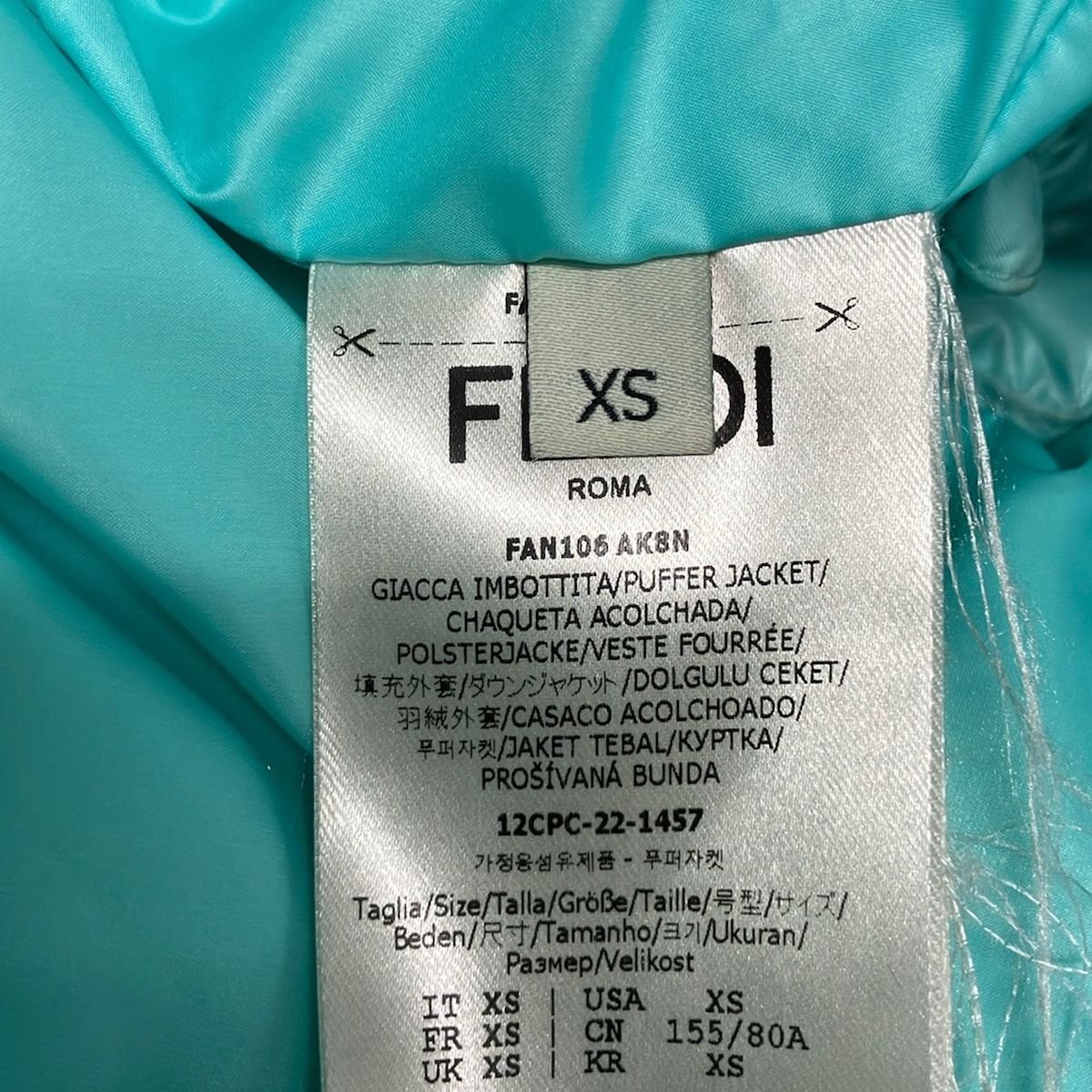 Fendi Down Jacket XS Light Blue Long Sleeve Zip Up Winter FF Logo