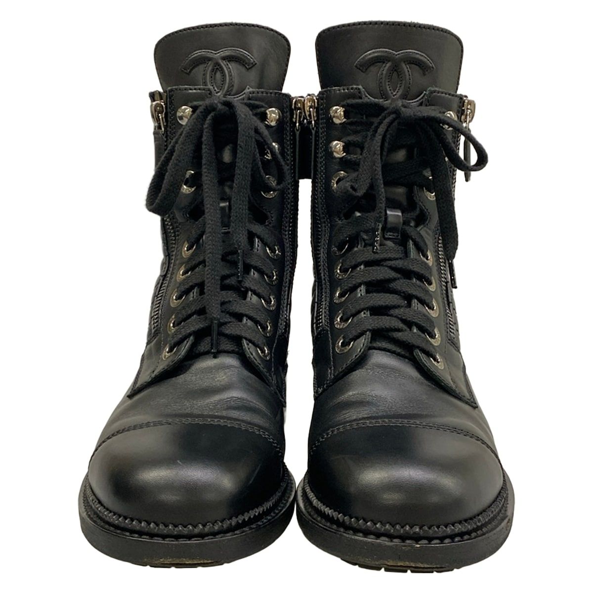 Chanel Short Boots 37.5 Black Quilted CC Logo Double Zip Lace Up Leather