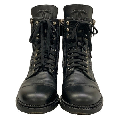 Chanel Short Boots 37.5 Black Quilted CC Logo Double Zip Lace Up Leather