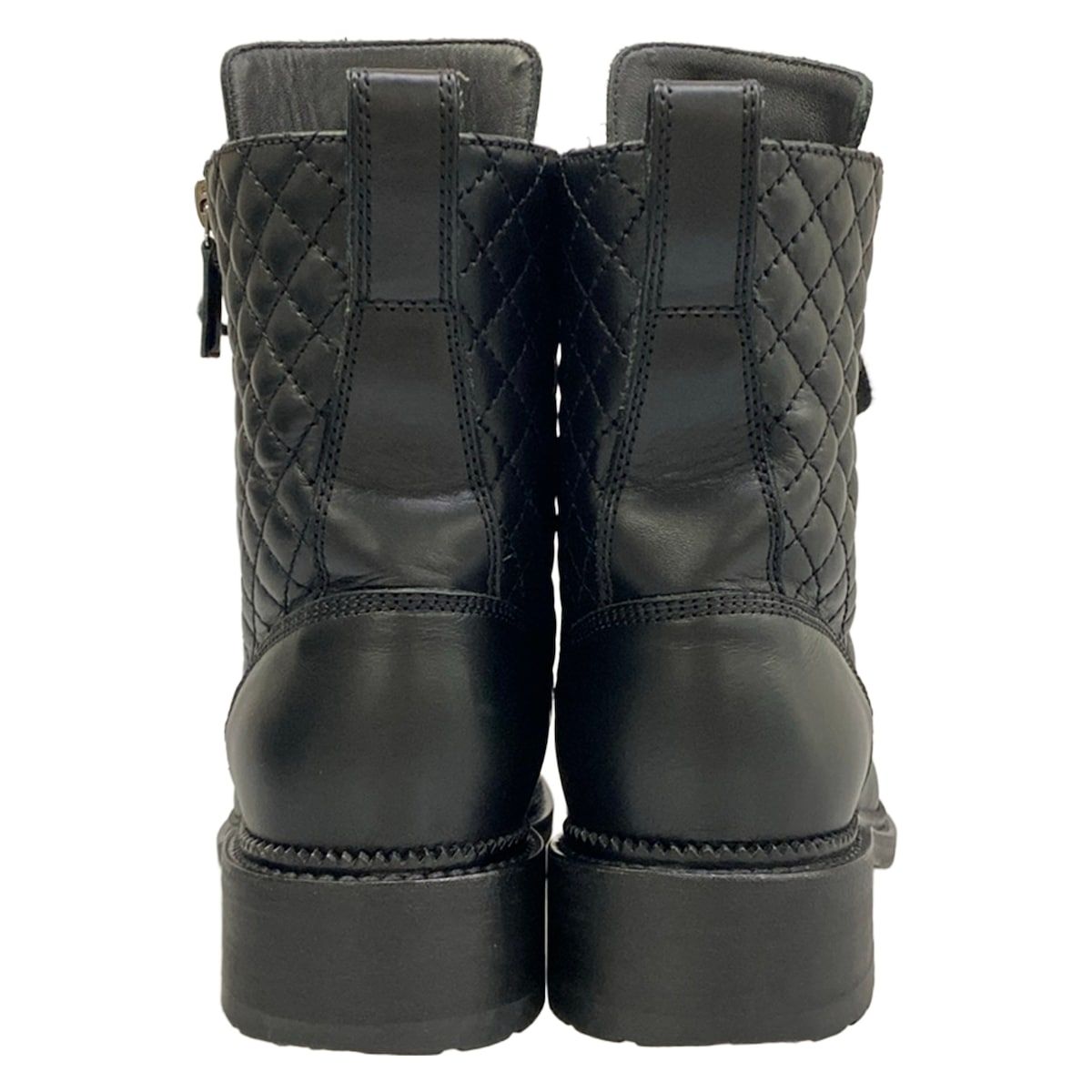 Chanel Short Boots 37.5 Black Quilted CC Logo Double Zip Lace Up Leather