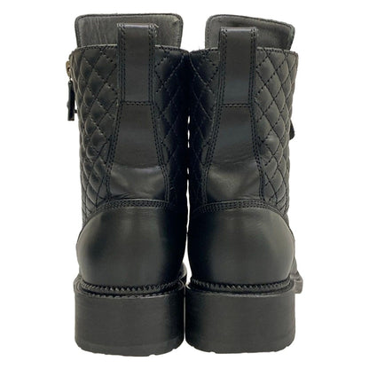 Chanel Short Boots 37.5 Black Quilted CC Logo Double Zip Lace Up Leather