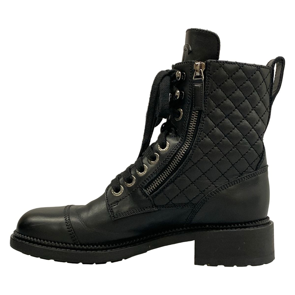 Chanel Short Boots 37.5 Black Quilted CC Logo Double Zip Lace Up Leather