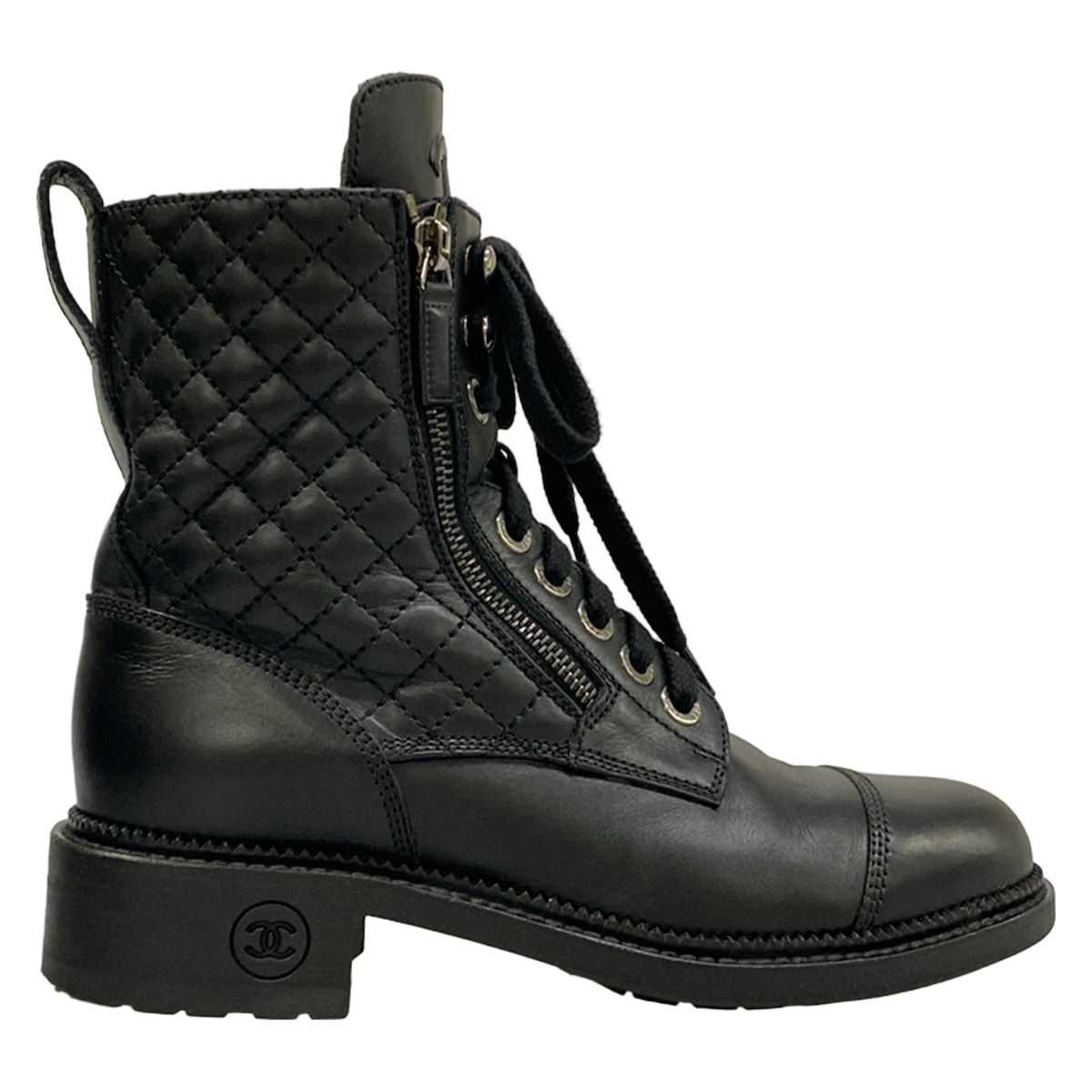 Chanel Short Boots 37.5 Black Quilted CC Logo Double Zip Lace Up Leather