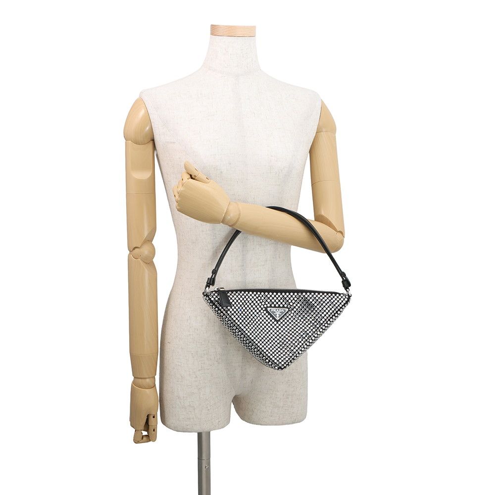 Prada Shoulder Bag Triangle Pouch Crystal Bijou Satin Black