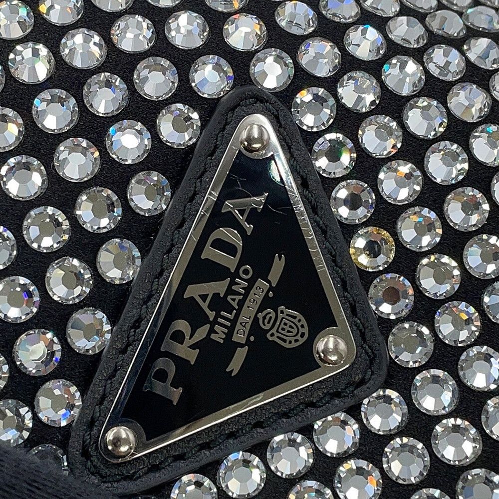 Prada Shoulder Bag Triangle Pouch Crystal Bijou Satin Black