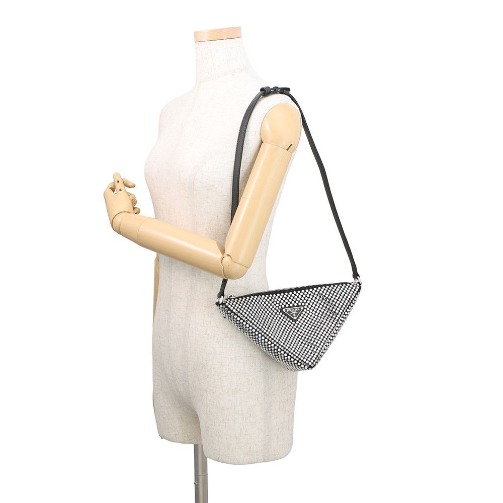 Prada Shoulder Bag Triangle Pouch Crystal Bijou Satin Black