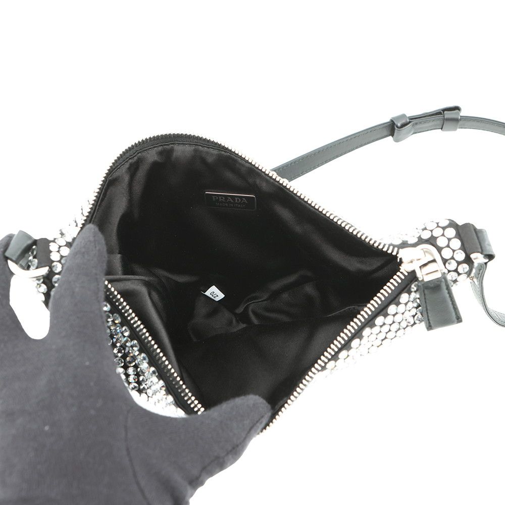 Prada Shoulder Bag Triangle Pouch Crystal Bijou Satin Black