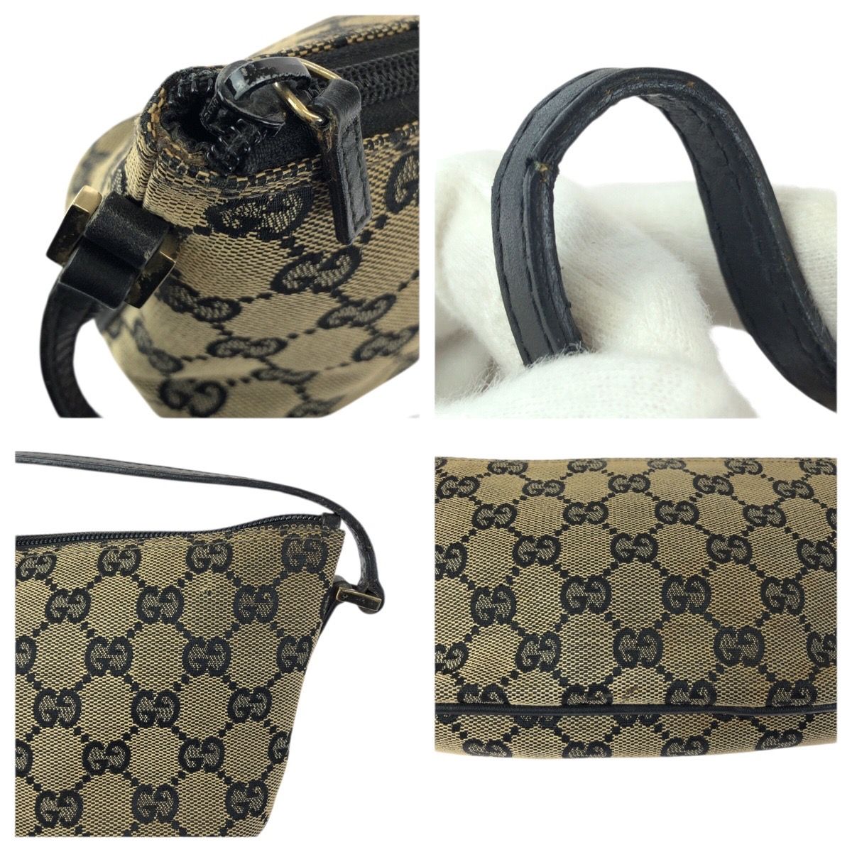 Gucci Beige Black Gold GG Canvas Leather Handbag Pouch