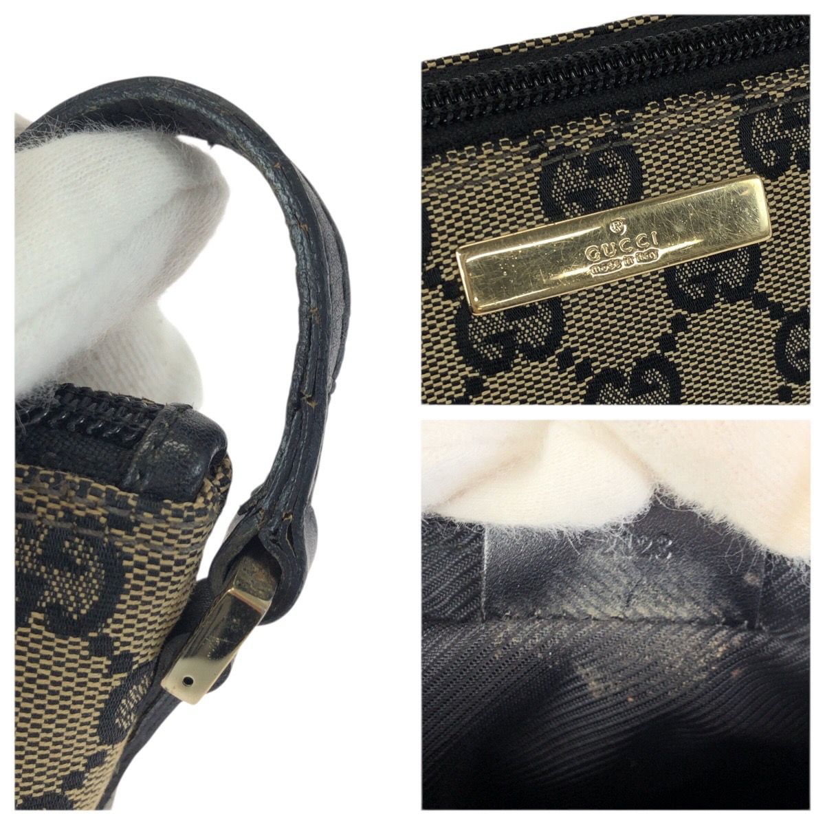 Gucci Beige Black Gold GG Canvas Leather Handbag Pouch