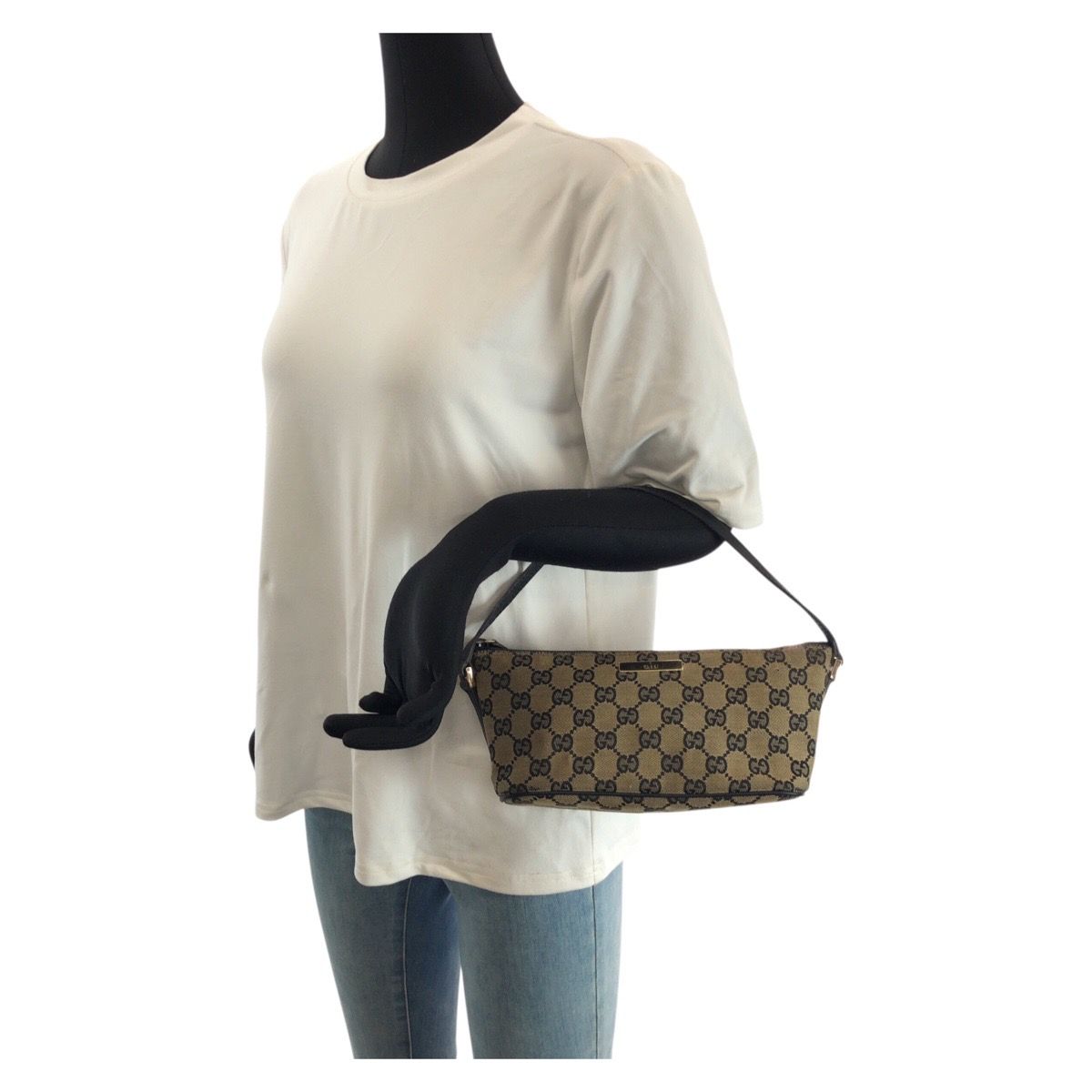 Gucci Beige Black Gold GG Canvas Leather Handbag Pouch