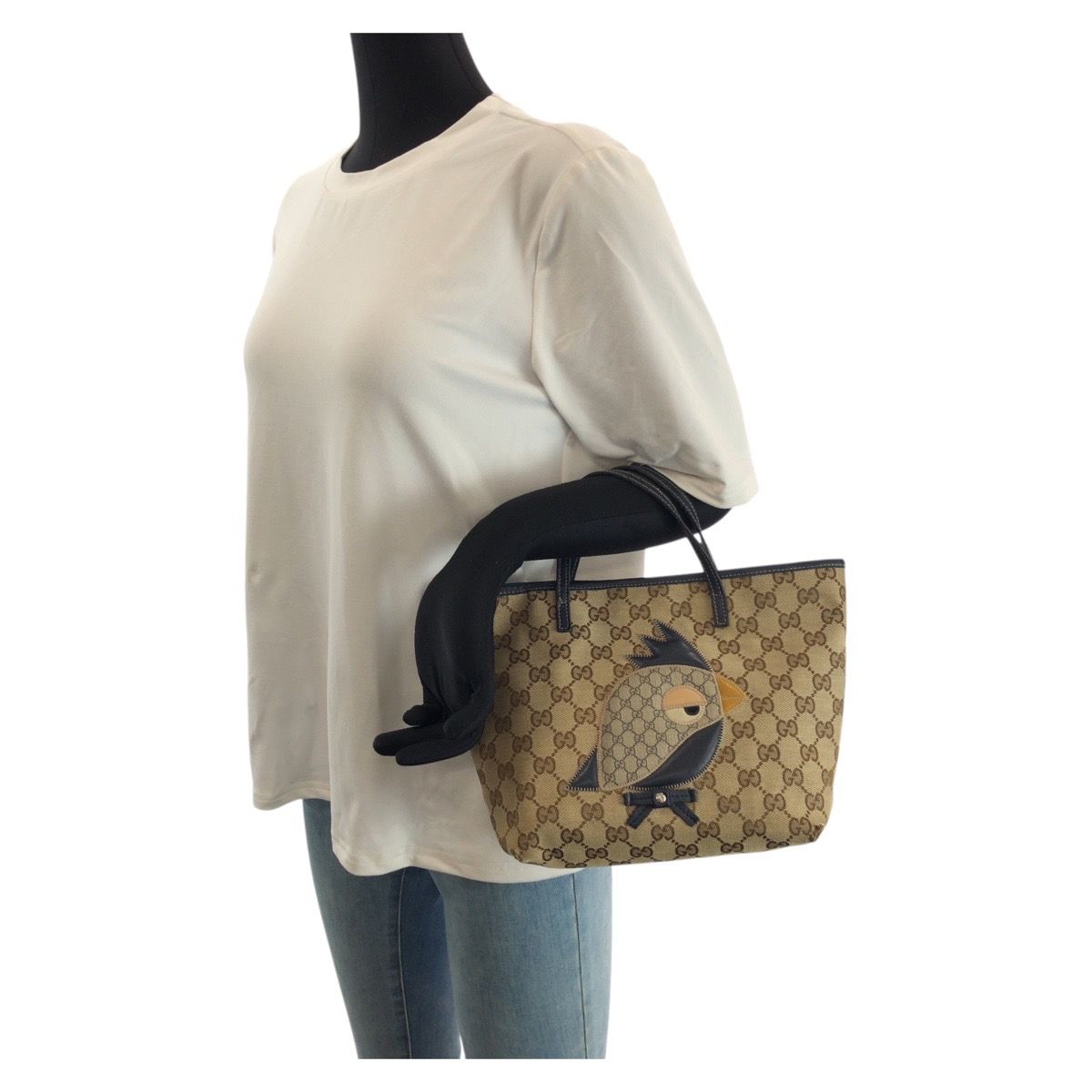 Gucci Children's Zoo Parrot Beige Navy Silver GG Canvas Leather Tote