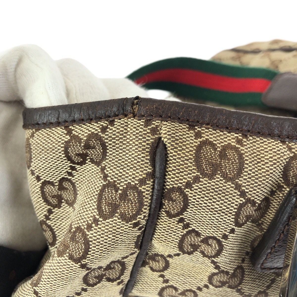 Gucci Sherry Line Beige Brown Silver GG Canvas Leather Tote Shoulder Bag
