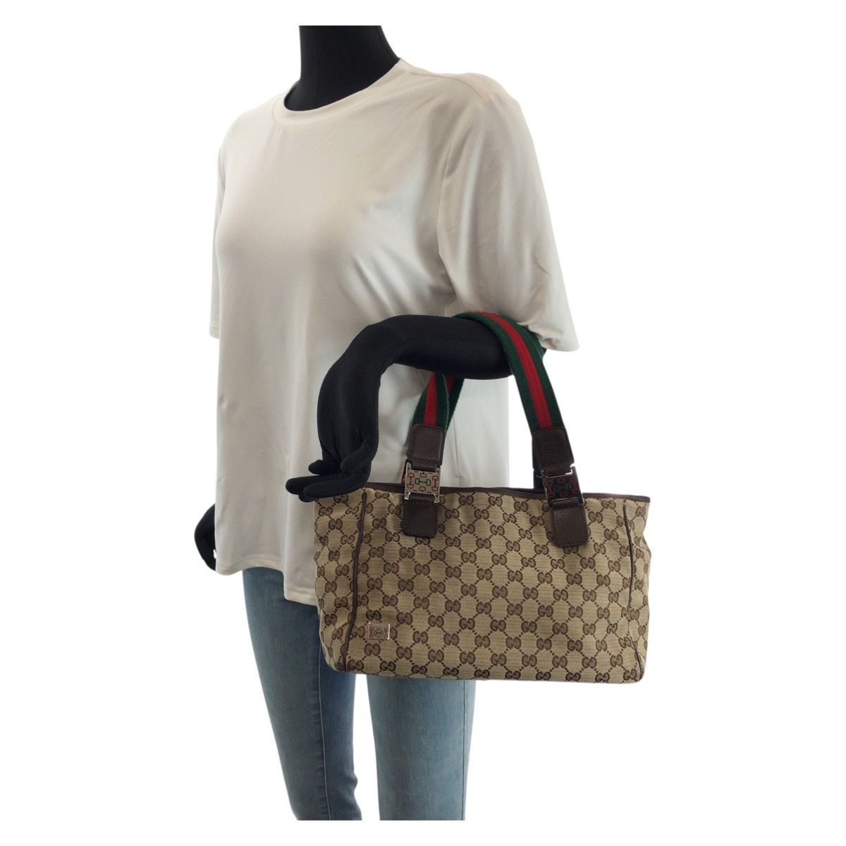 Gucci Sherry Line Beige Brown Silver GG Canvas Leather Tote Shoulder Bag