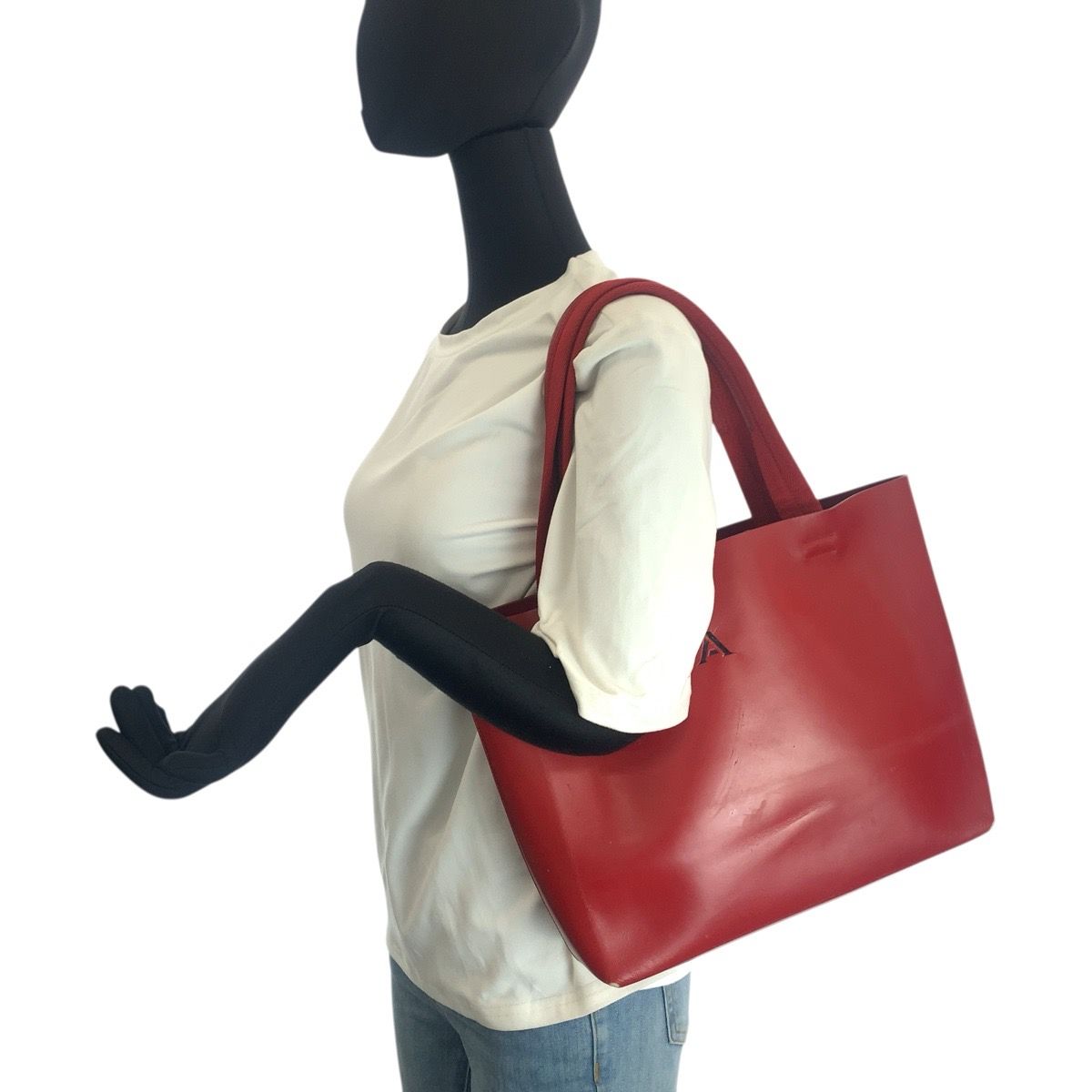 Prada Perforated Red Leather Suede Tote Shoulder Bag