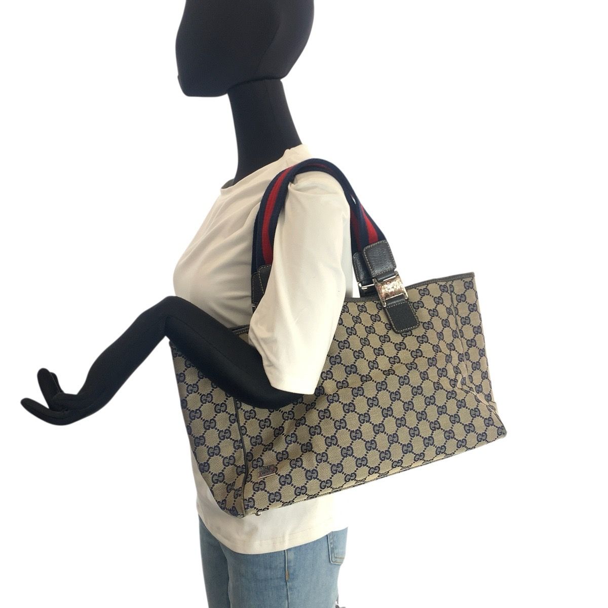 Gucci Sherry Line Navy Silver GG Canvas Leather Tote Shoulder Bag