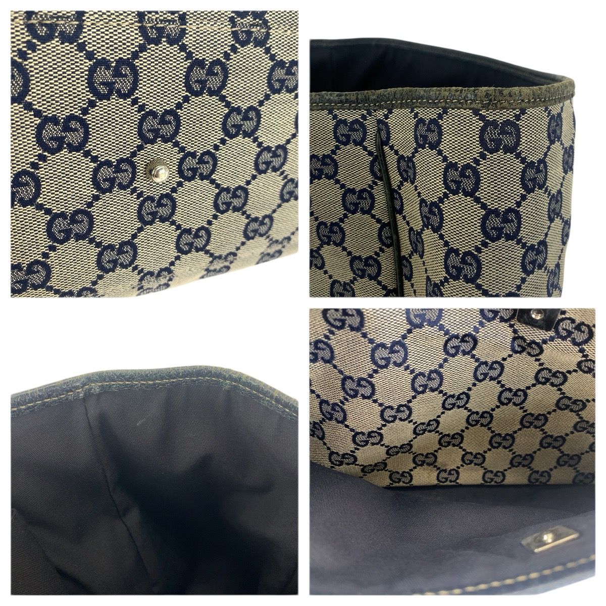 Gucci Sherry Line Navy Silver GG Canvas Leather Tote Shoulder Bag