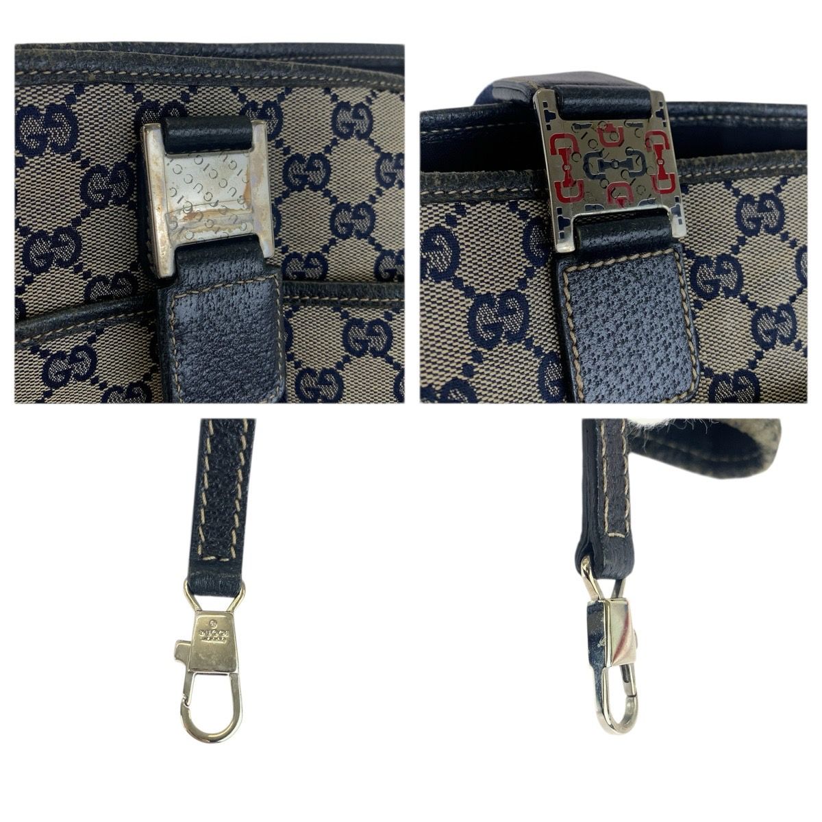 Gucci Sherry Line Navy Silver GG Canvas Leather Tote Shoulder Bag