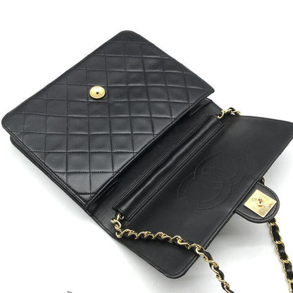 Chanel CC Logo Quilted Push Lock Lambskin Leather Chain Shoulder Bag Black