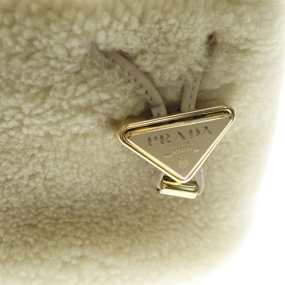 Prada Triangle Logo Fur Chain Shoulder Mini Bag Ivory